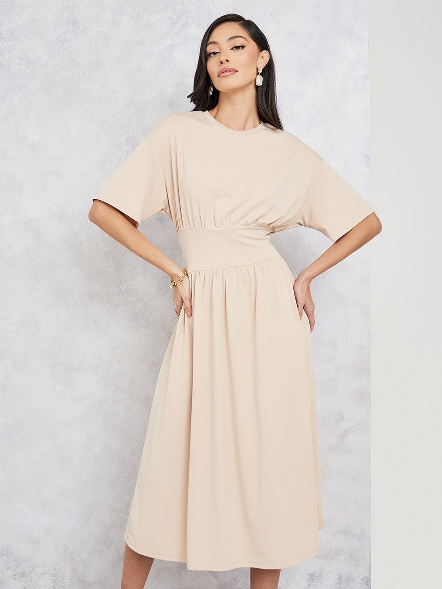 Solid Drop Shoulder Sleeves A-Line Midi Dress