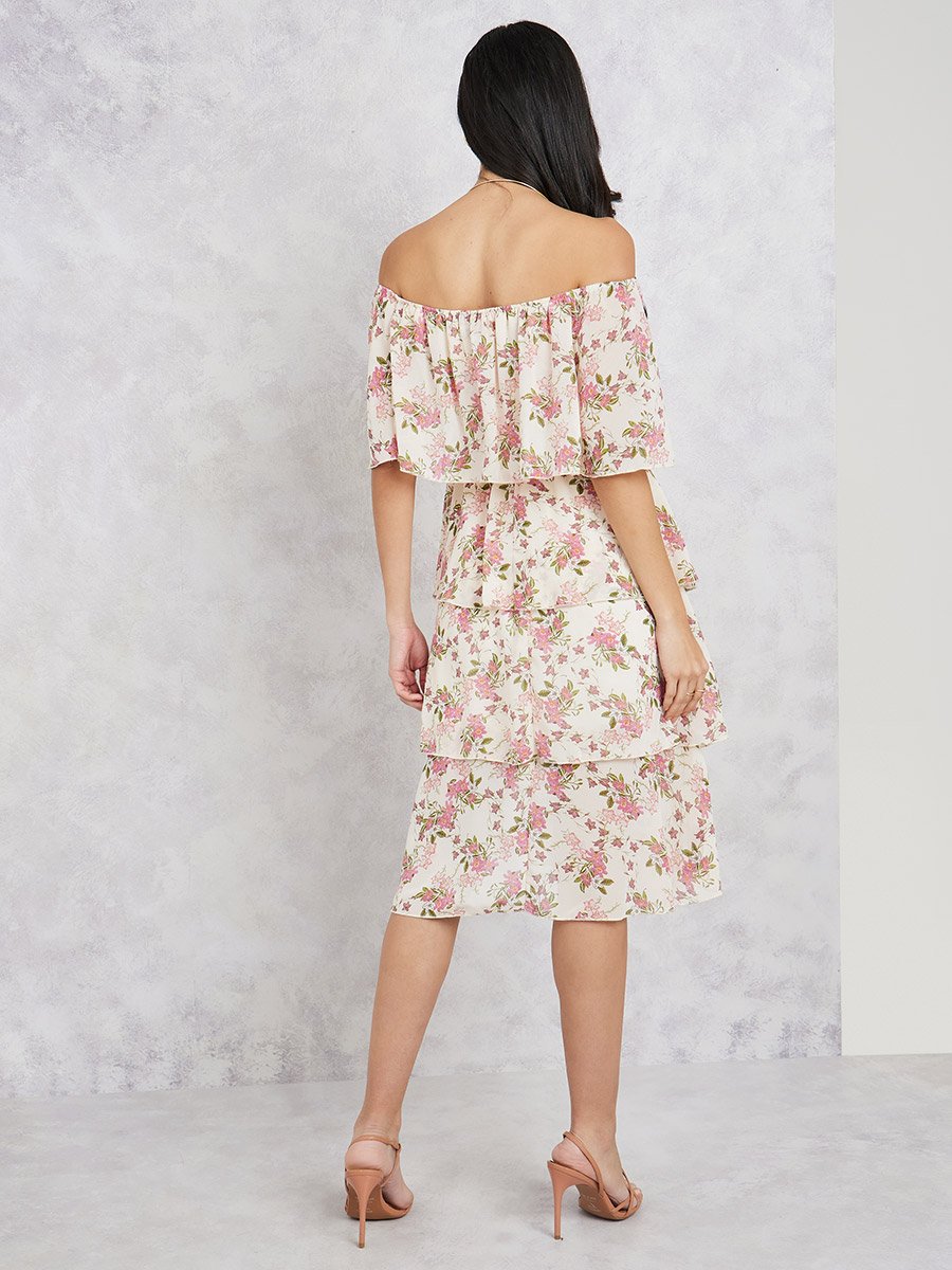 Floral Print Off Shoulder Layered Knee Length Dress For Women at Saudi |  Styli