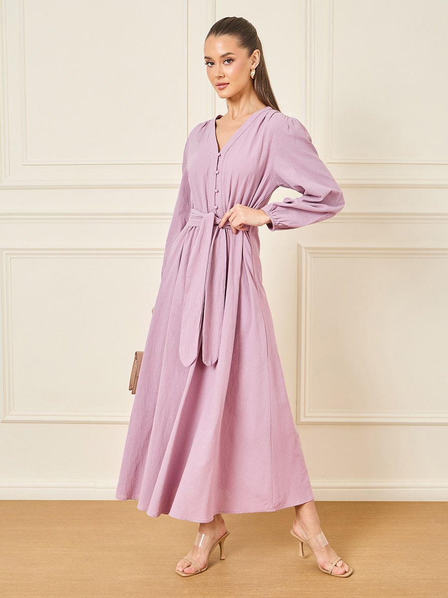 Balloon Sleeves Front Button and Tie Up A-Line Dress For Women at Bahrain |  Styli