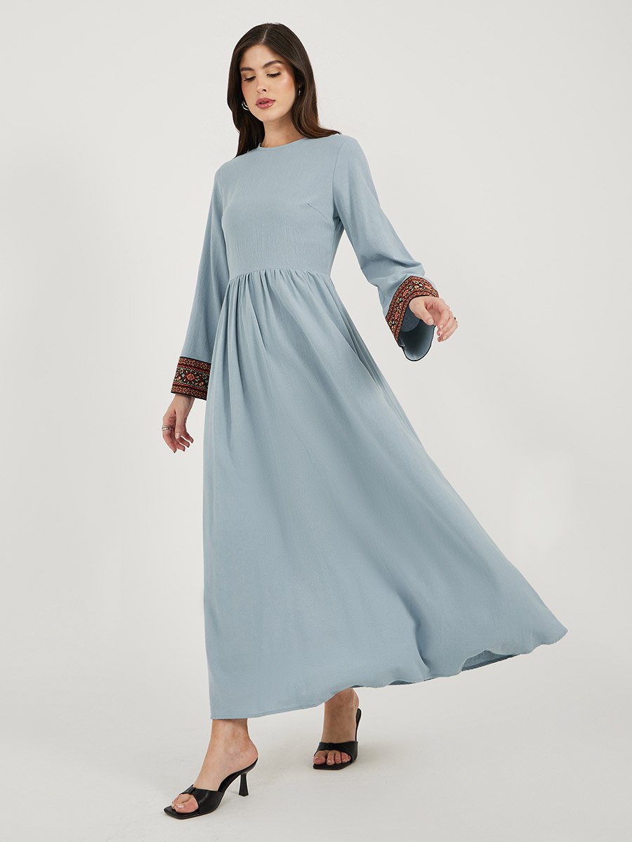 Printed Contrast Panel Long Sleeves A-Line Maxi Dress