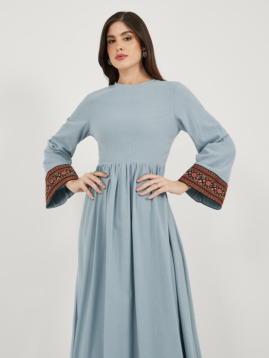 Printed Contrast Panel Long Sleeves A-Line Maxi Dress For Women at Saudi |  Styli