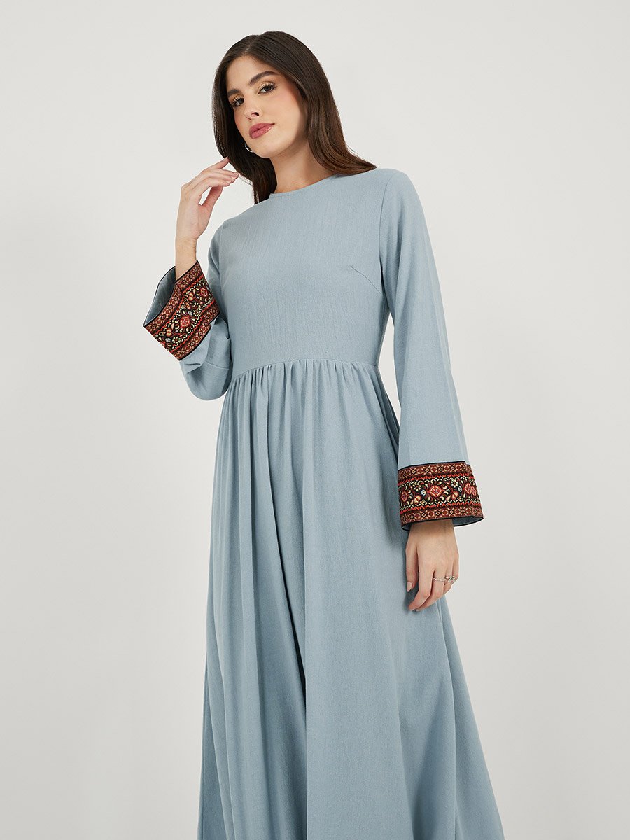 Printed Contrast Panel Long Sleeves A-Line Maxi Dress