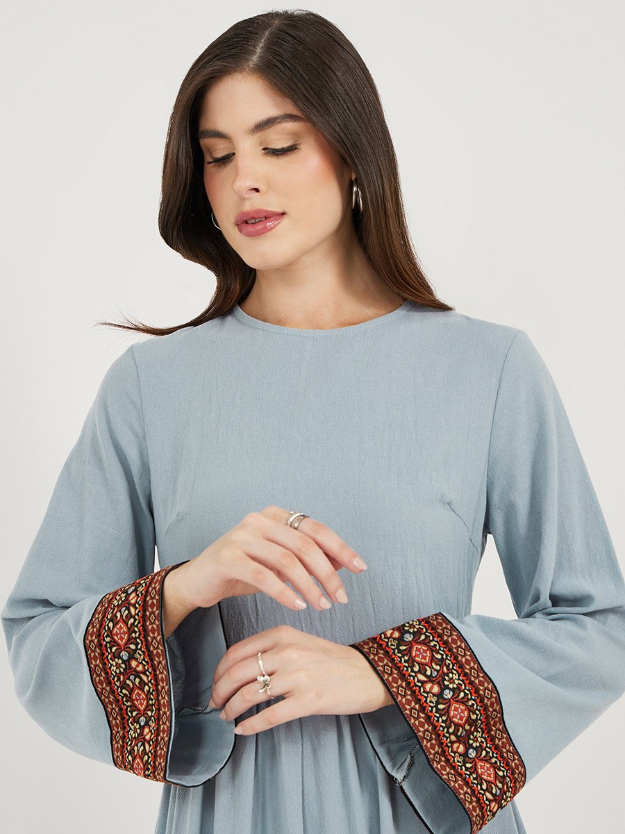 Printed Contrast Panel Long Sleeves A-Line Maxi Dress