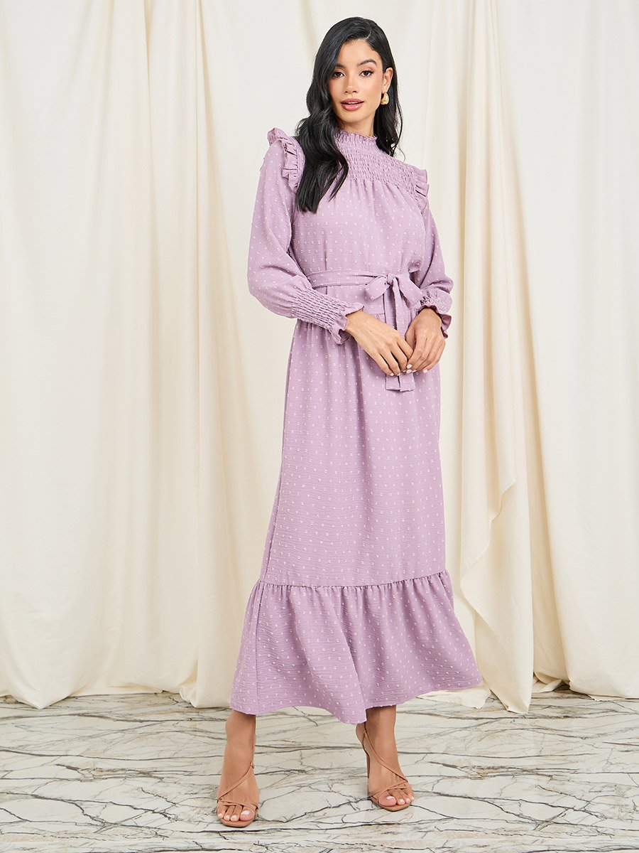 Dobby Smocked Ruffle Detail A-Line Maxi Dress