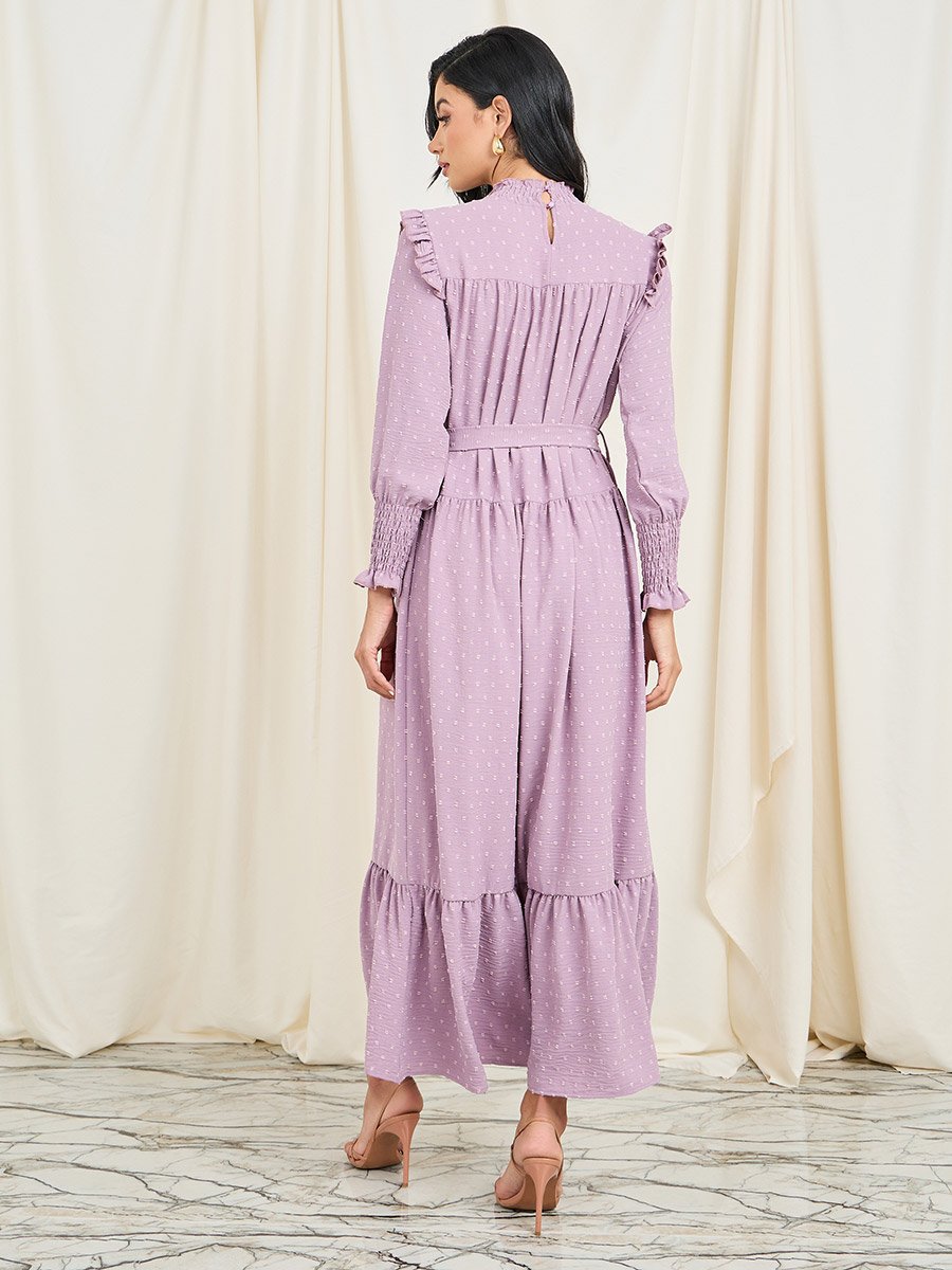 Dobby Smocked Ruffle Detail A-Line Maxi Dress
