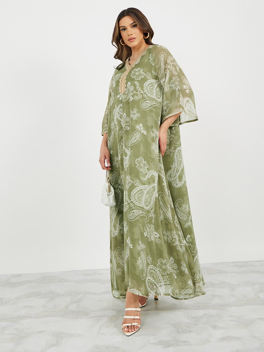 Printed Flared Jalabiya with Lace Detail