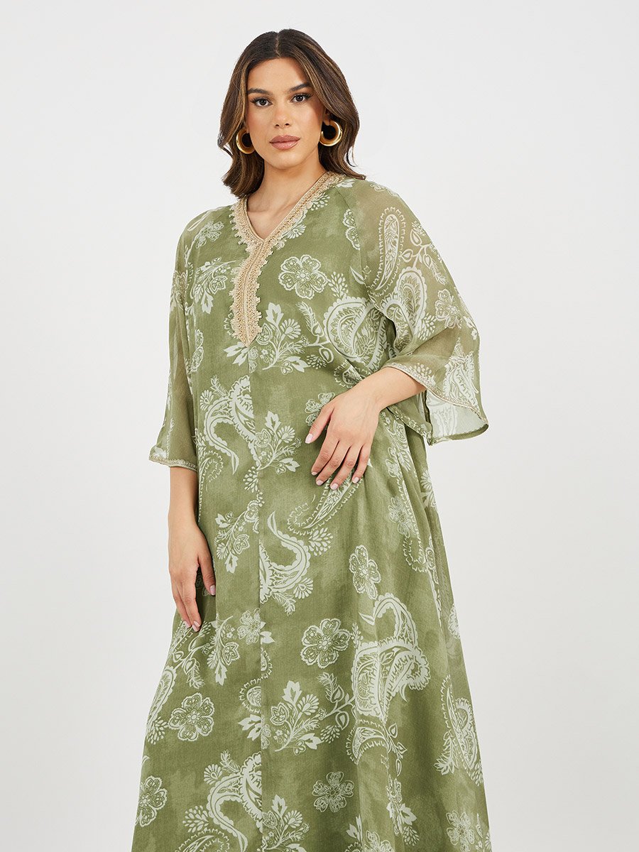 Printed Flared Jalabiya with Lace Detail