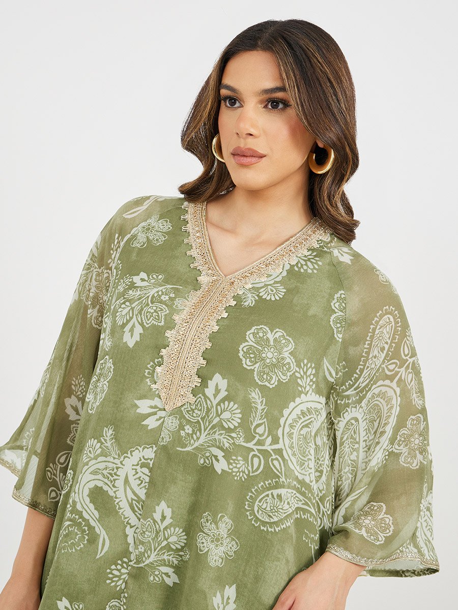 Printed Flared Jalabiya with Lace Detail