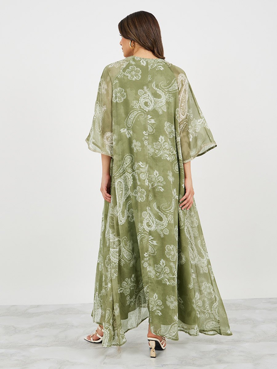 Printed Flared Jalabiya with Lace Detail