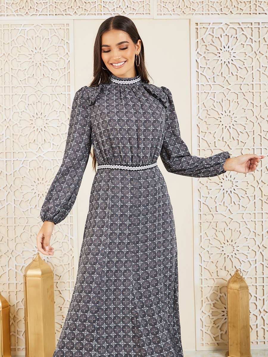 All Over Print High Neck A-Line Maxi Dress