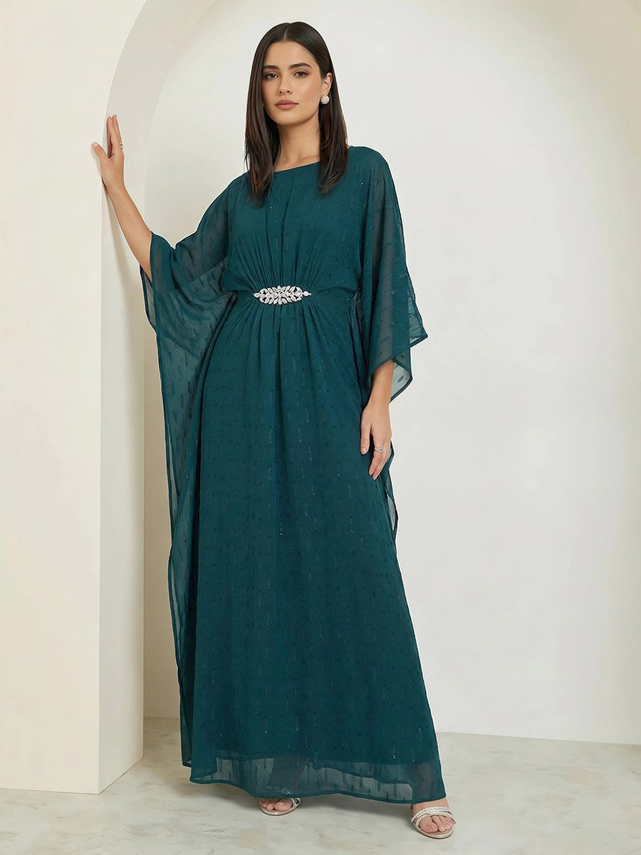 Women Teal Chiffon Embellished Kaftan Maxi Dress