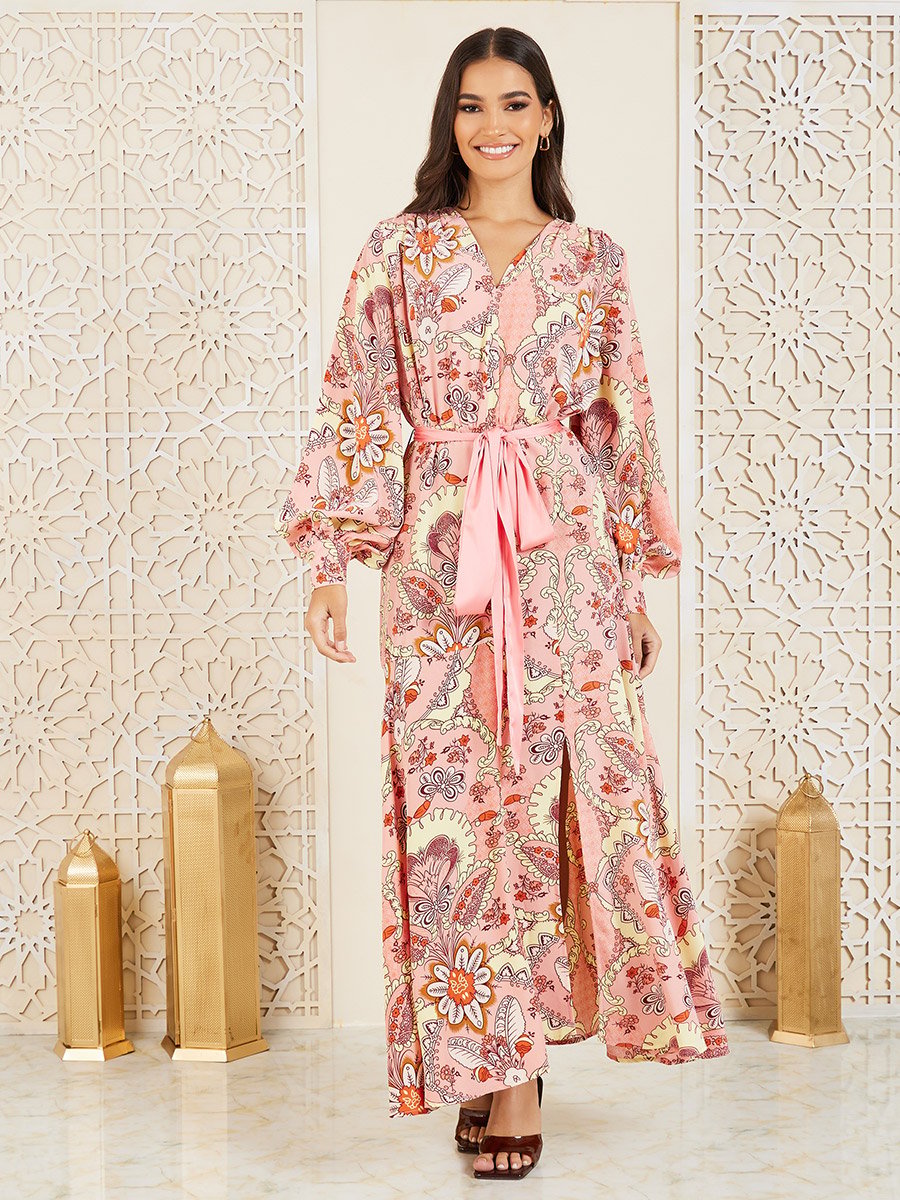 Floral Print A-Line Maxi Dress with Self Tie Up