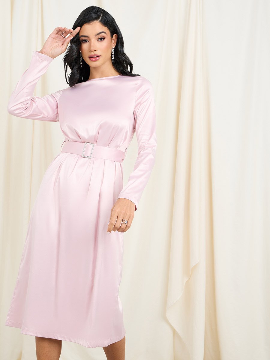 Satin Embellished Buckle Belted Shift Midi Dress