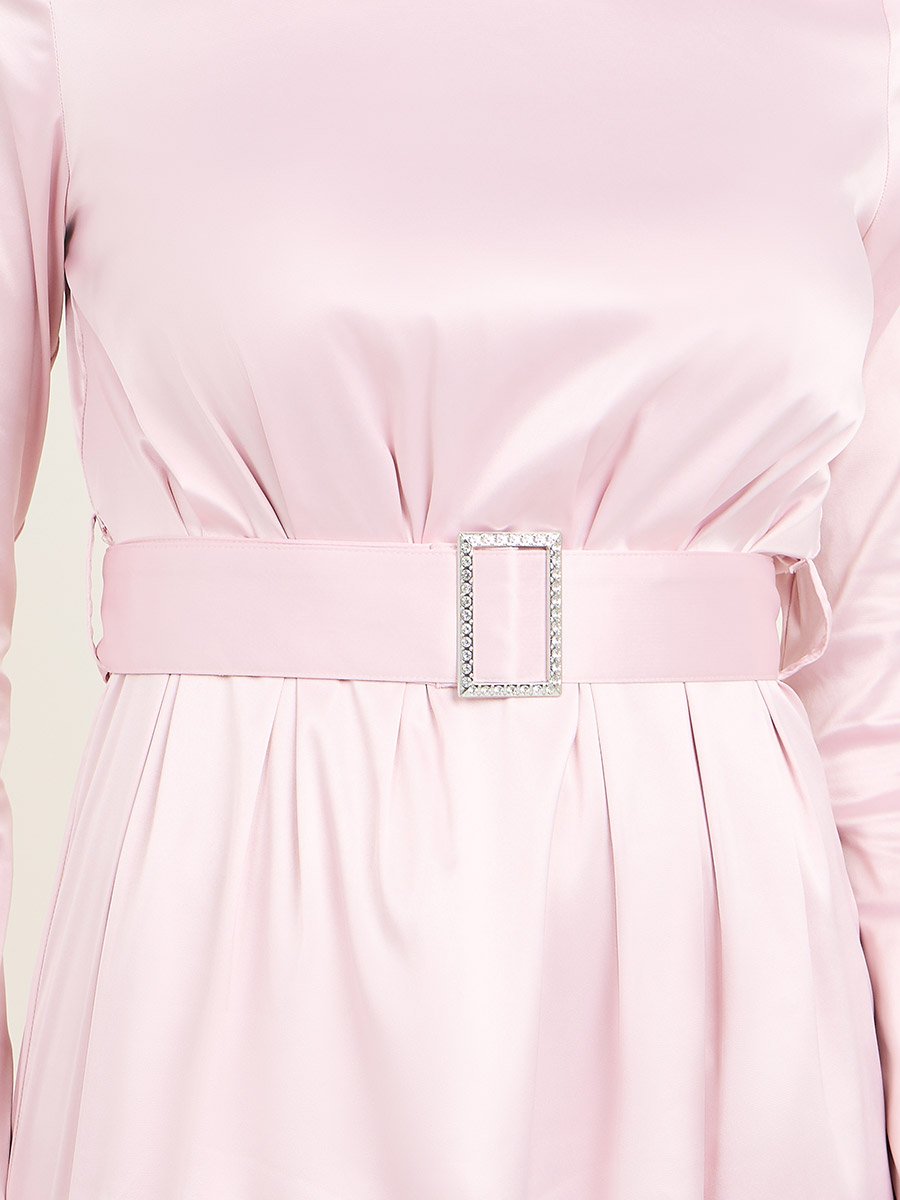 Satin Embellished Buckle Belted Shift Midi Dress