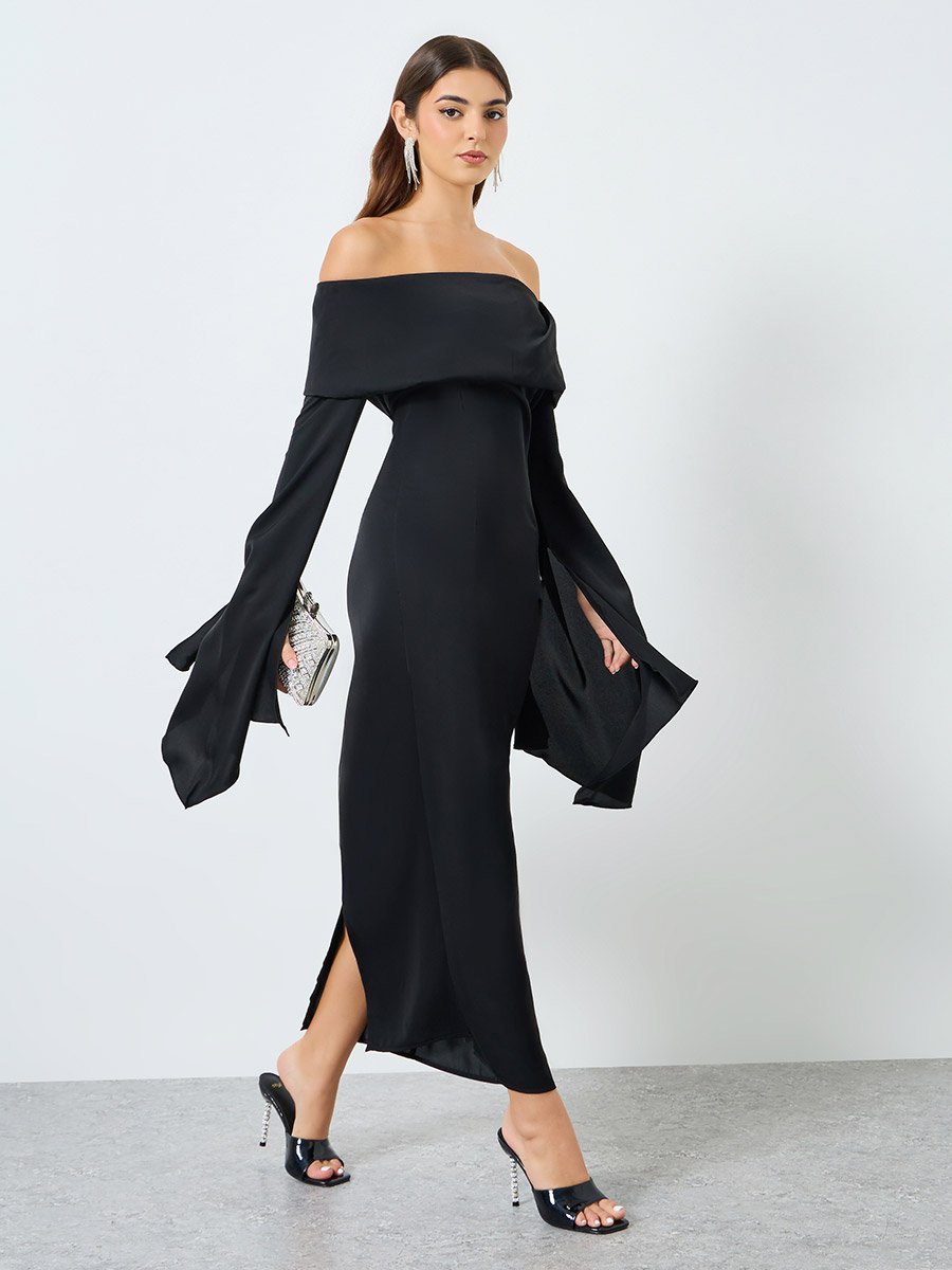 Off Shoulder Wide Flared Sleeves Shift Maxi Dress For Women at Saudi | Styli Off Shoulder Wide Flared Sleeves Shift Maxi Dress For Women at Saudi | Styli
