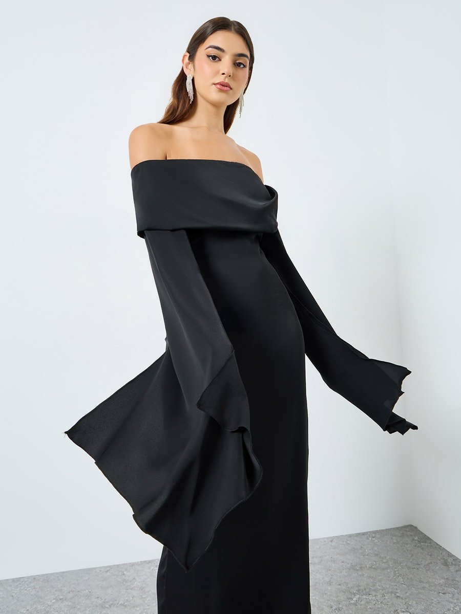 Off Shoulder Wide Flared Sleeves Shift Maxi Dress For Women at Saudi | Styli Off Shoulder Wide Flared Sleeves Shift Maxi Dress For Women at Saudi | Styli