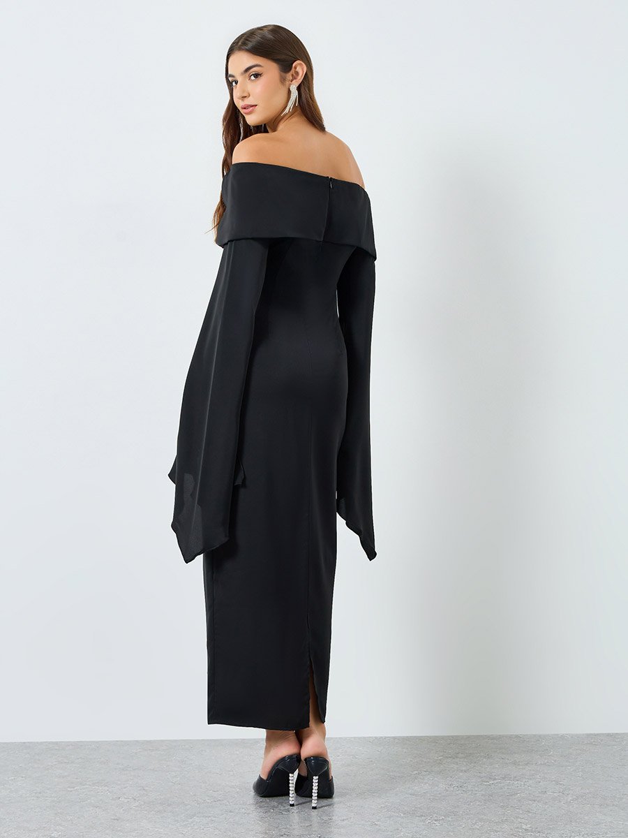 Off Shoulder Wide Flared Sleeves Shift Maxi Dress For Women at Saudi | Styli Off Shoulder Wide Flared Sleeves Shift Maxi Dress For Women at Saudi | Styli