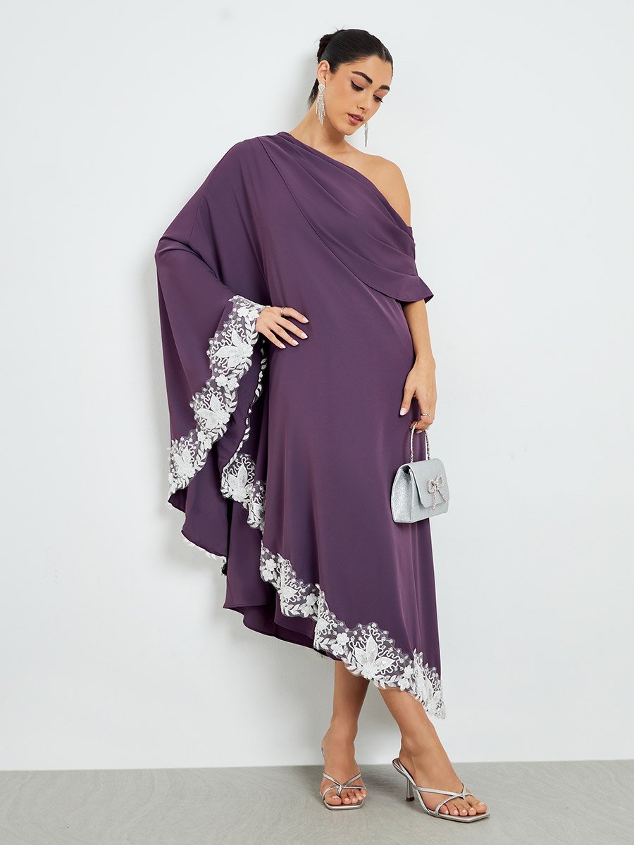 Purple Lace Trim One-Shoulder Neck Maxi Dress