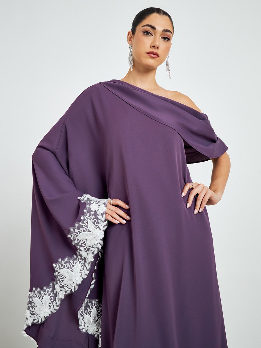 Purple Lace Trim One-Shoulder Neck Maxi Dress