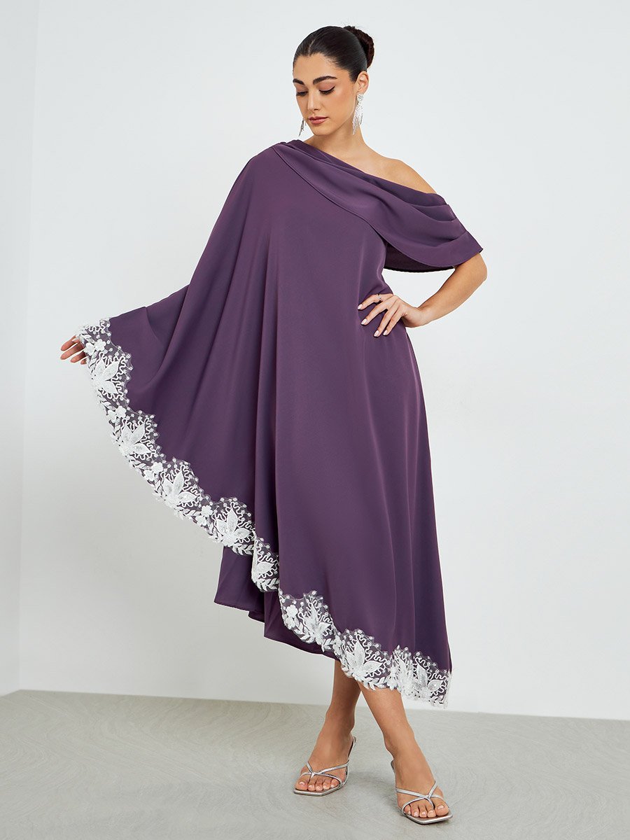 Purple Lace Trim One-Shoulder Neck Maxi Dress