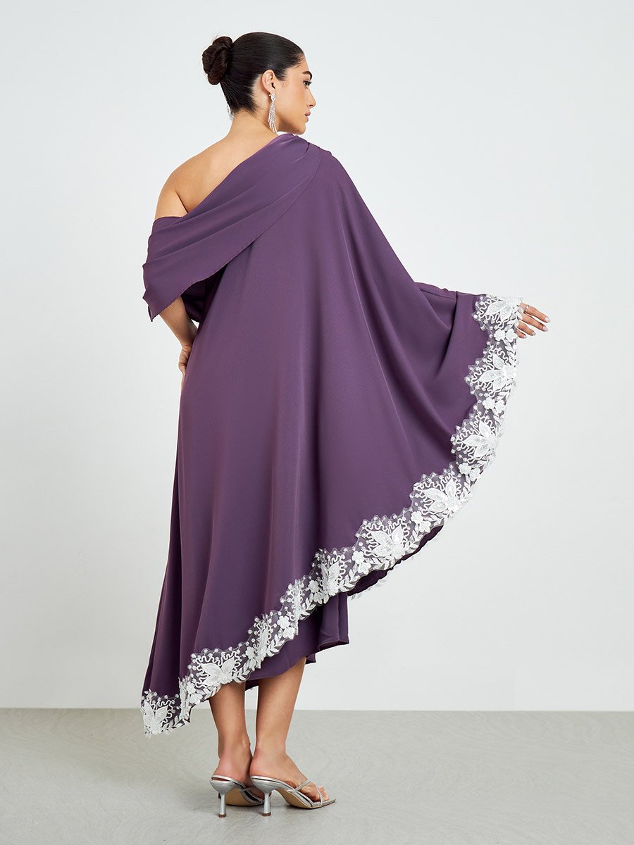 Purple Lace Trim One-Shoulder Neck Maxi Dress