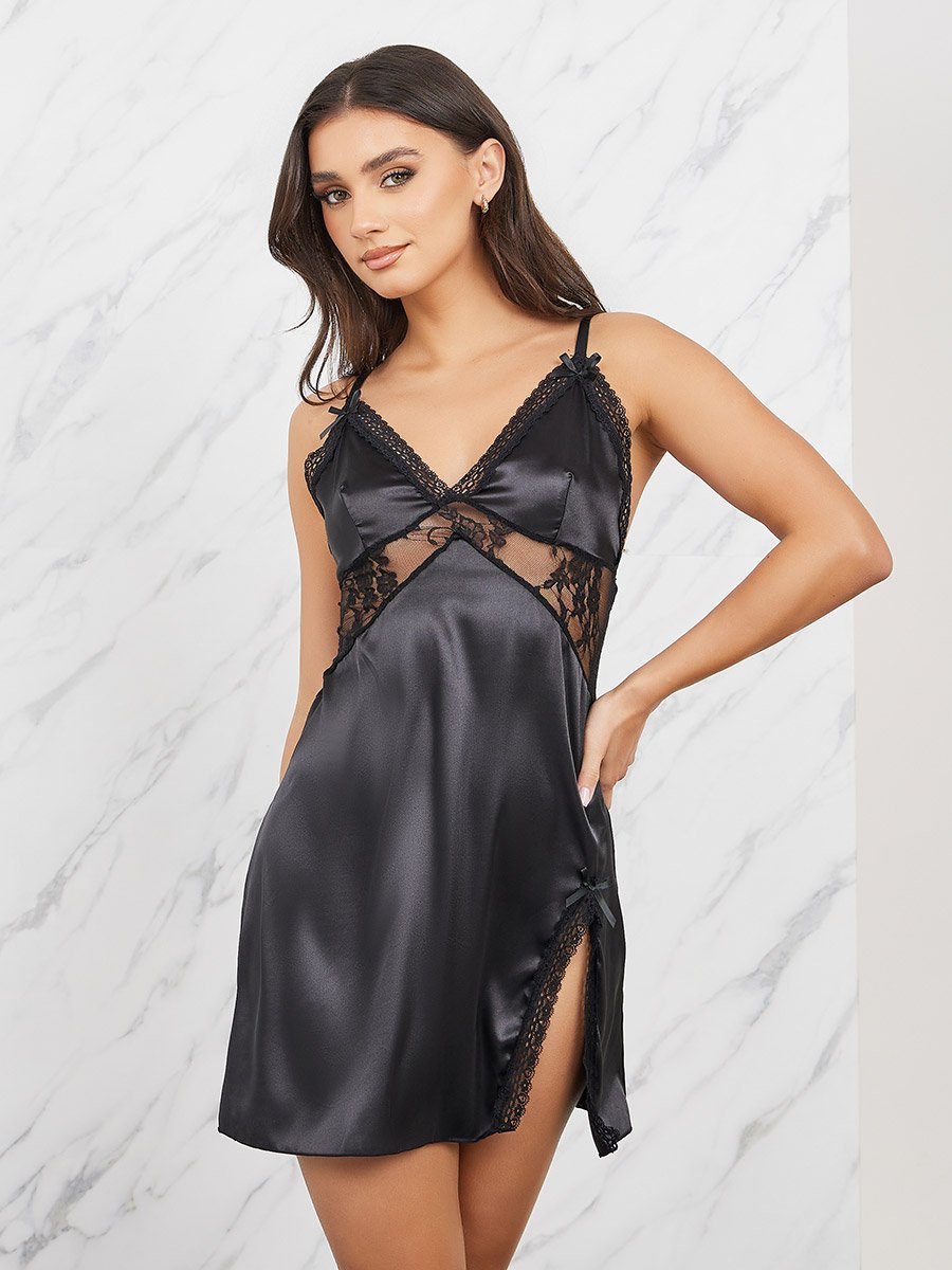 Satin Lace Insert Slip Dress with Side Slit For Women at Saudi | Styli
