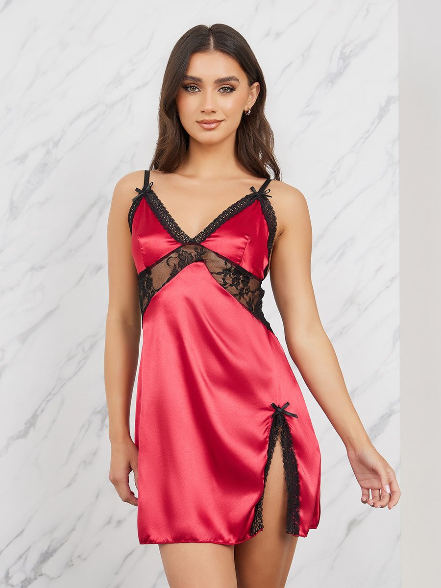 Satin Lace Insert Slip Dress with Side Slit For Women at Saudi | Styli Satin Lace Insert Slip Dress with Side Slit For Women at Saudi | Styli