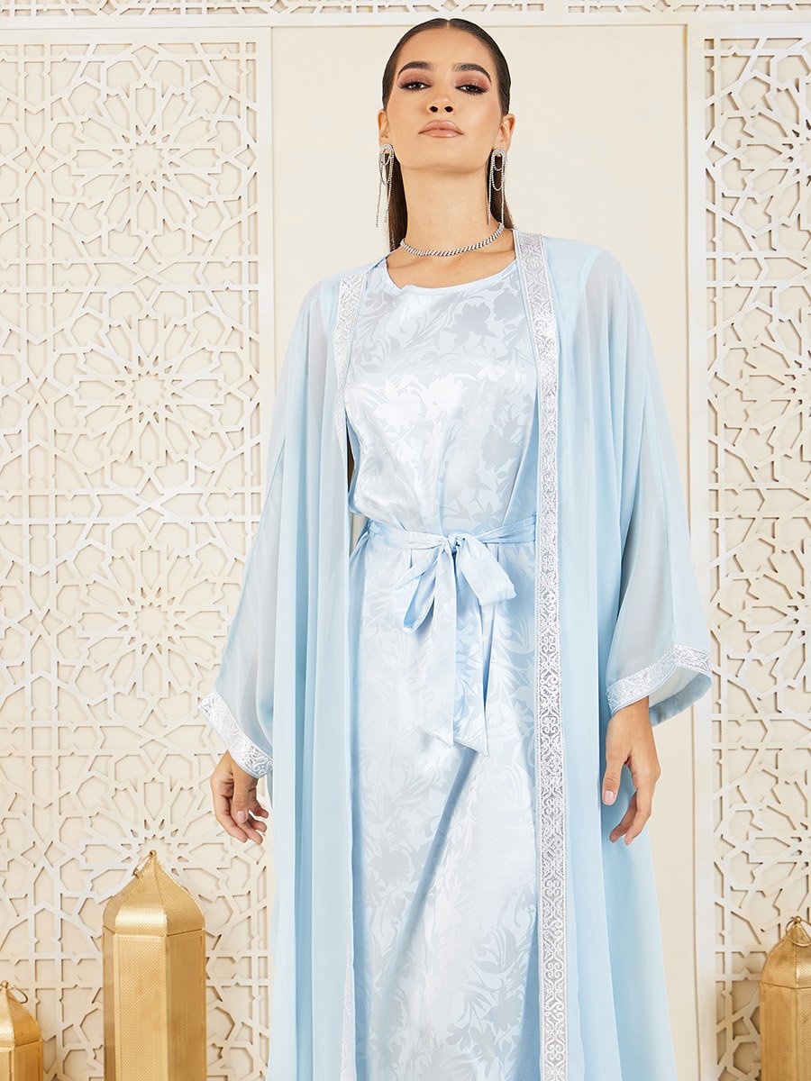 sachin and babi light blue dress Jacquard Mermaid Gown with Floral Embroidery 00635