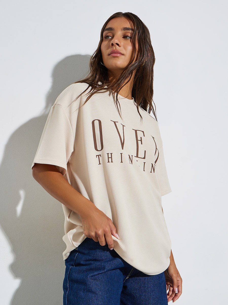 Oversized Contrast Slogan Print Textured T-Shirt