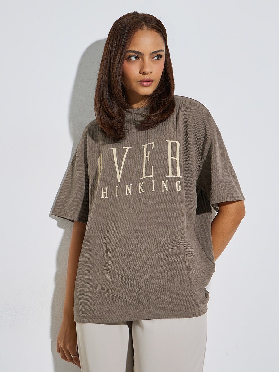 Oversized Contrast Slogan Print Textured T-Shirt
