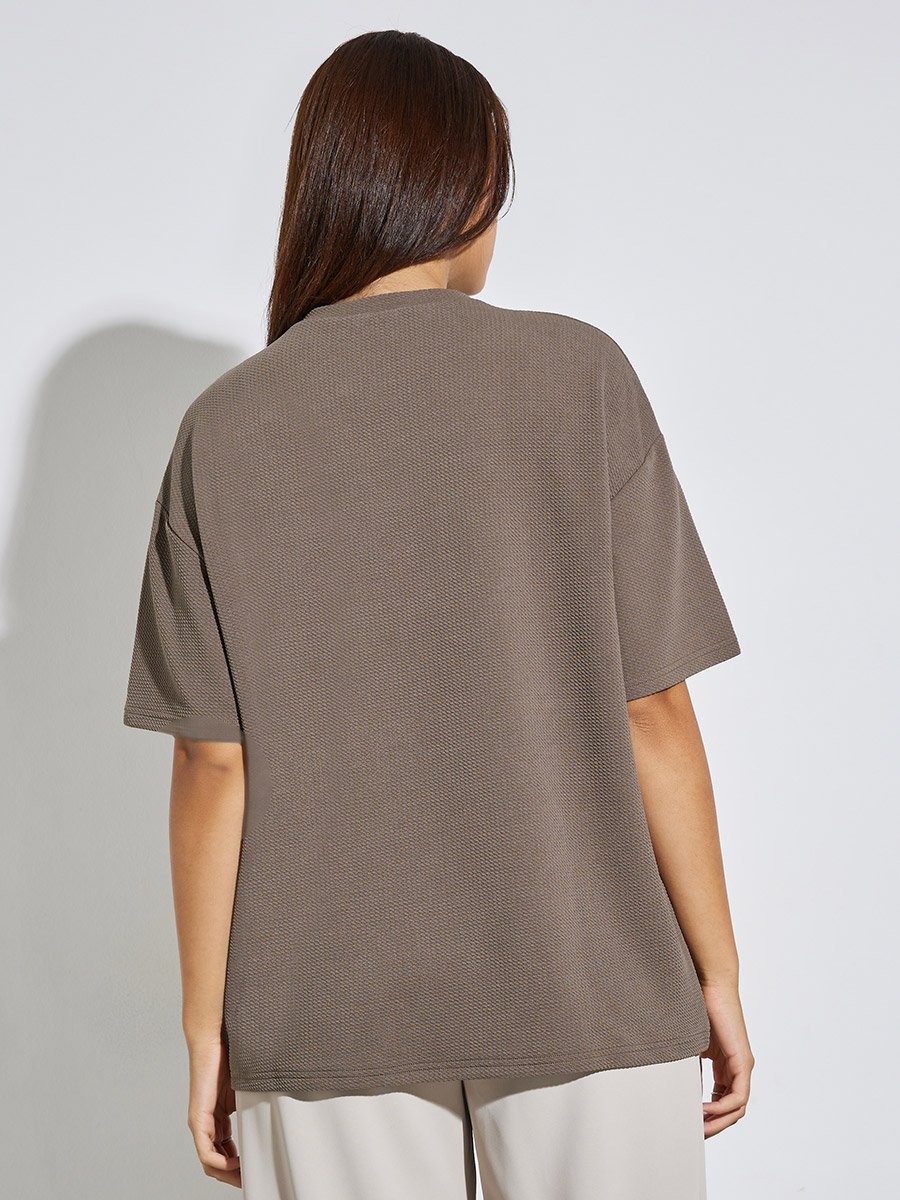 Oversized Contrast Slogan Print Textured T-Shirt