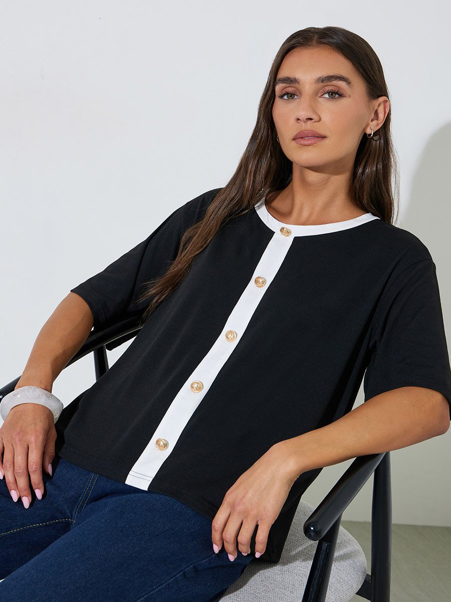 Black Contrast Trims Button Details Boxy Fit T-Shirt