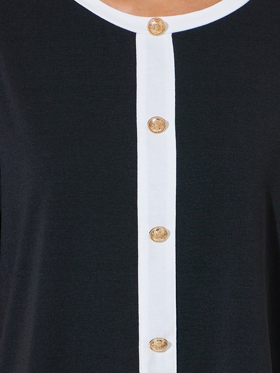 Black Contrast Trims Button Details Boxy Fit T-Shirt