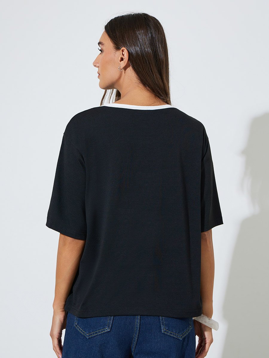 Black Contrast Trims Button Details Boxy Fit T-Shirt