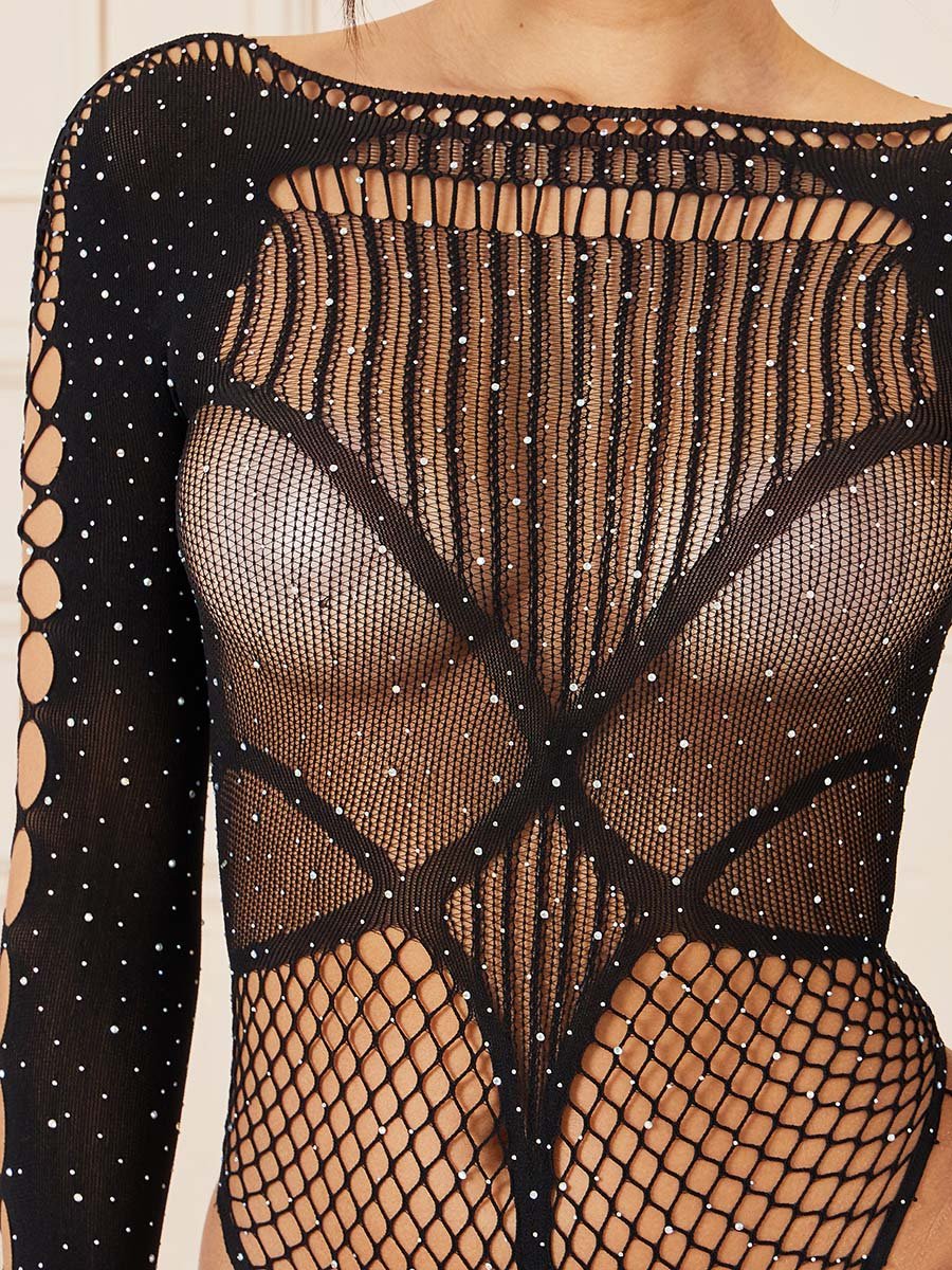 Rhinestone Mesh Cut Out Detail Bodysuit