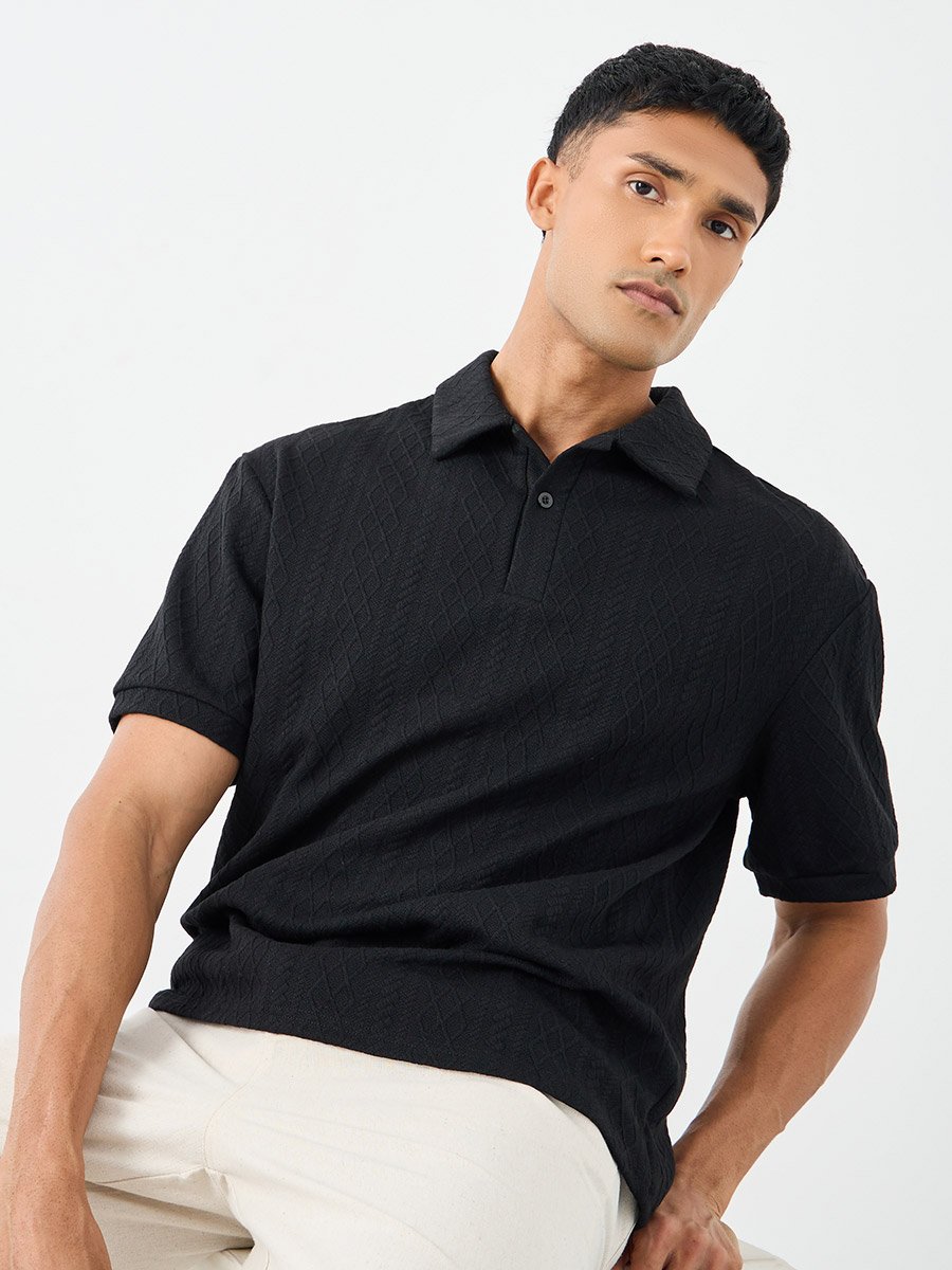 Premium Cable Texture Knit Revere Collar Oversized Polo