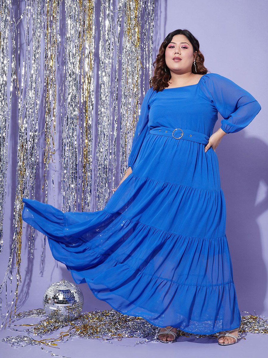 Plus Square Neck Belted Tiered Maxi Dress