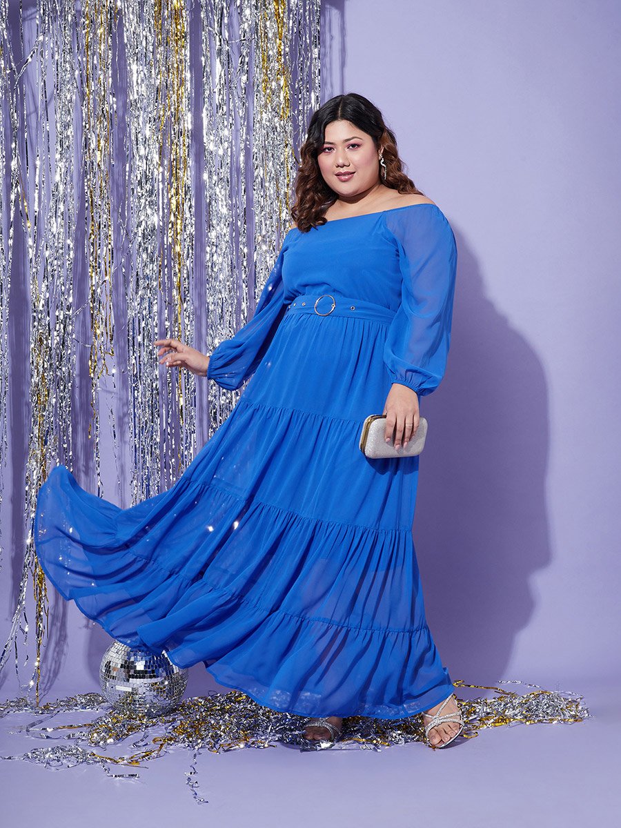 Plus Square Neck Belted Tiered Maxi Dress