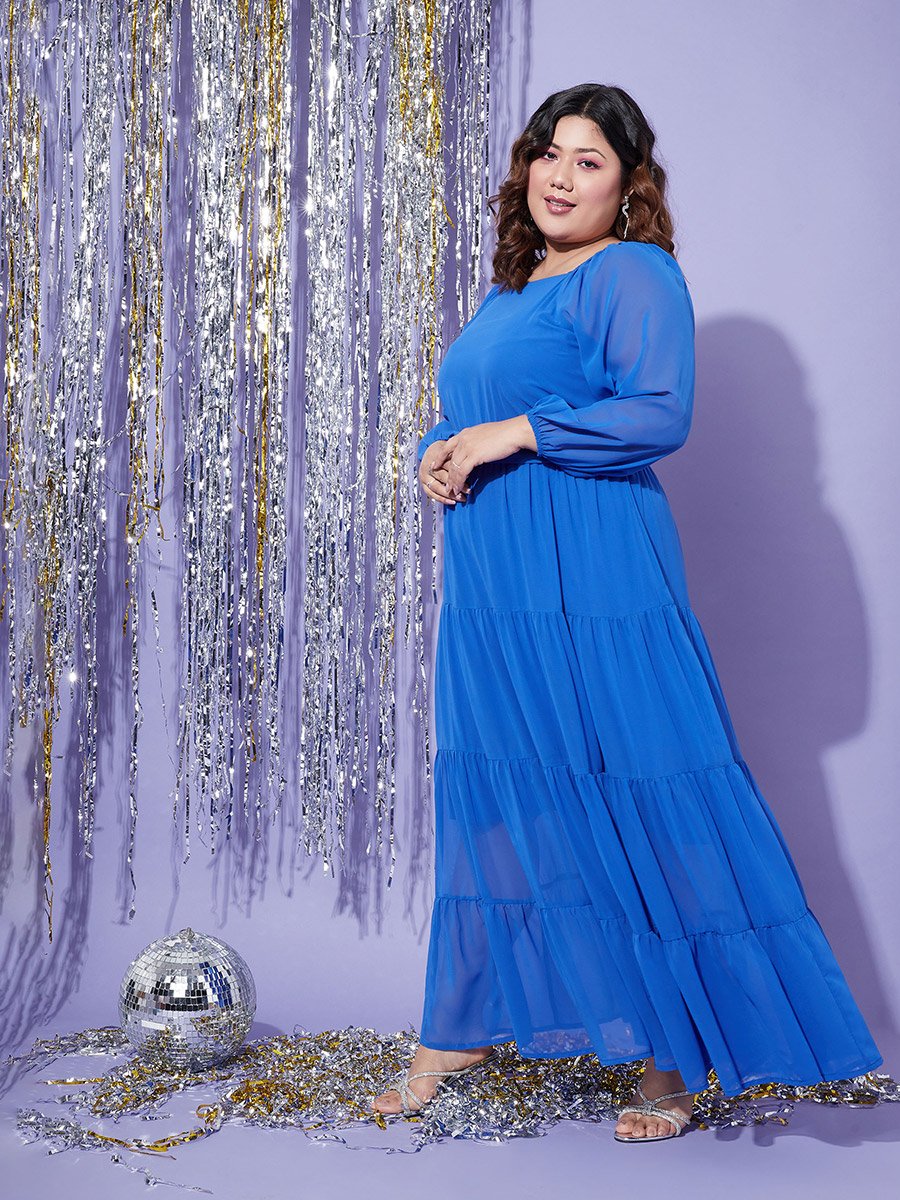 Plus Square Neck Belted Tiered Maxi Dress