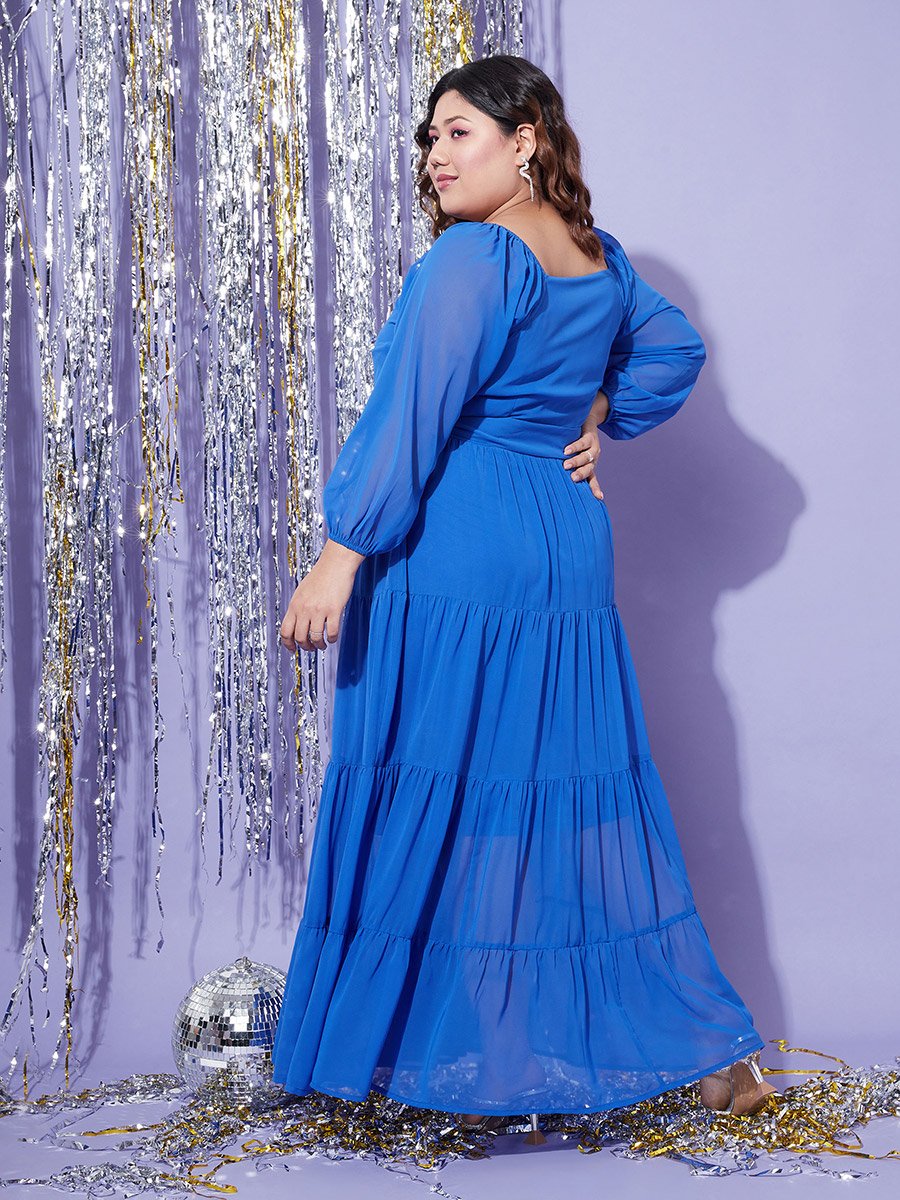 Plus Square Neck Belted Tiered Maxi Dress