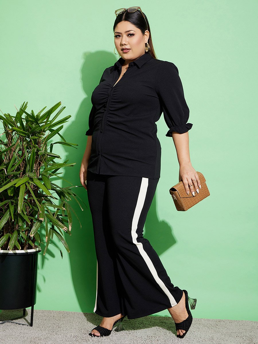 Plus Ruched Front Shirt and Flared Pants Co-Ords
