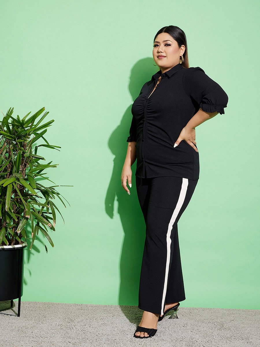 Plus Ruched Front Shirt and Flared Pants Co-Ords