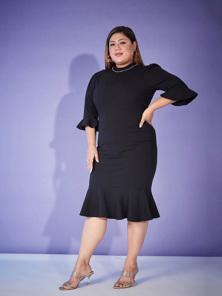Plus Frill Hem Faux Diamante Neck Bodycon Dress