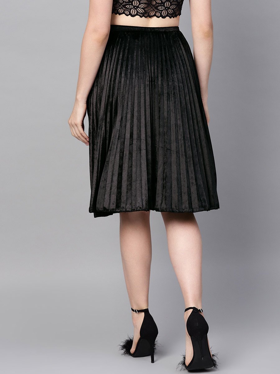 Velvet Pleated Knee Length Skirt