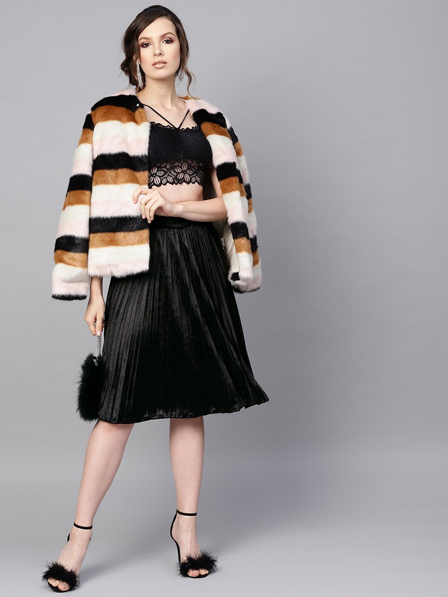 Velvet Pleated Knee Length Skirt For Women at UAE | Styli