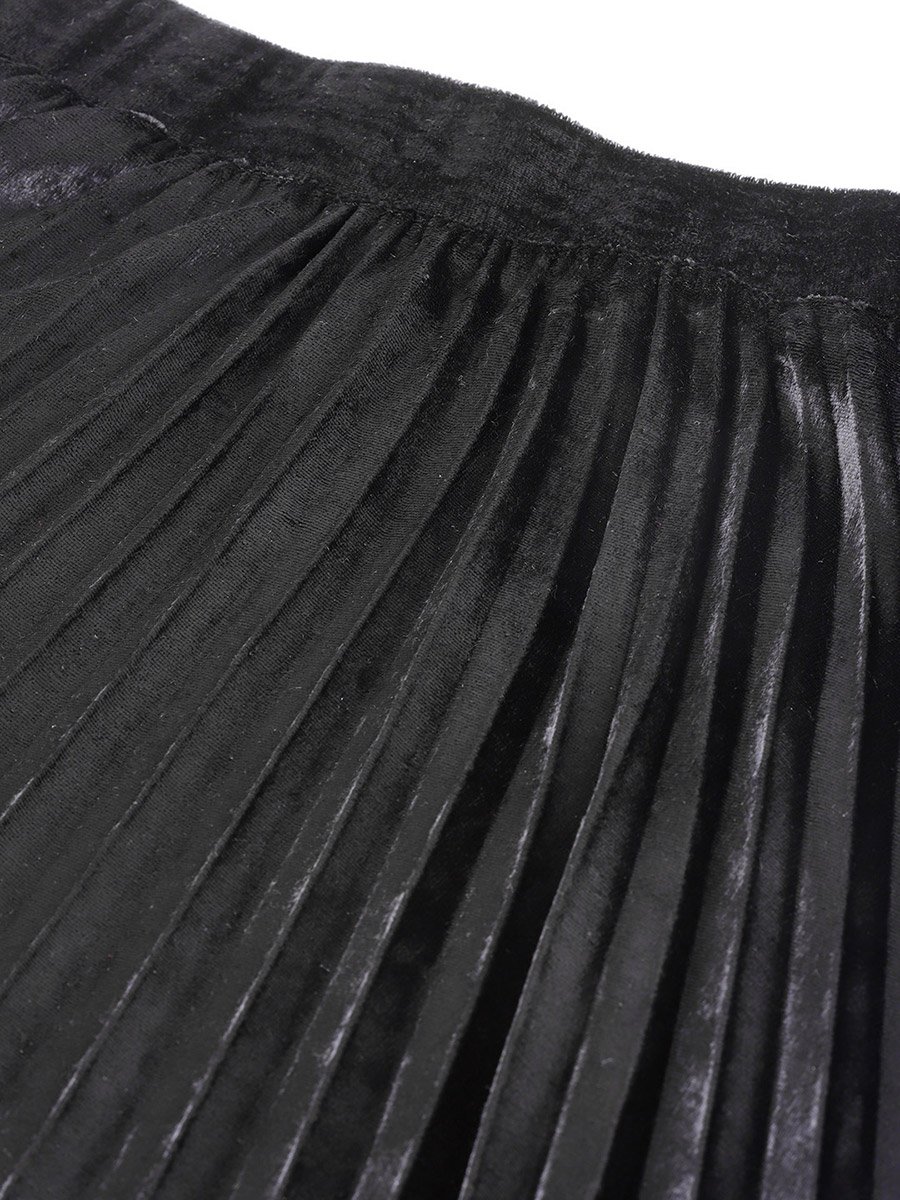 Velvet Pleated Knee Length Skirt