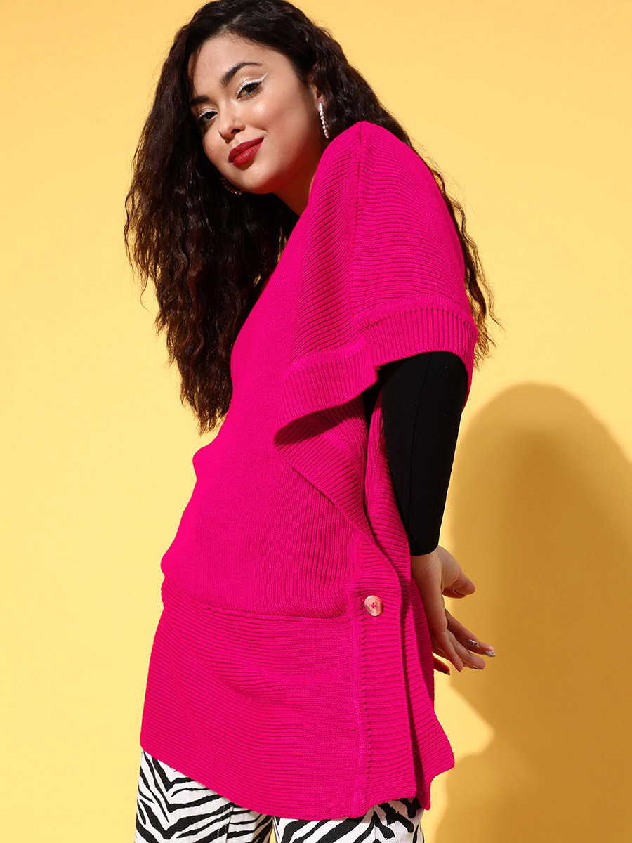 Knit Side Button Poncho Sweater