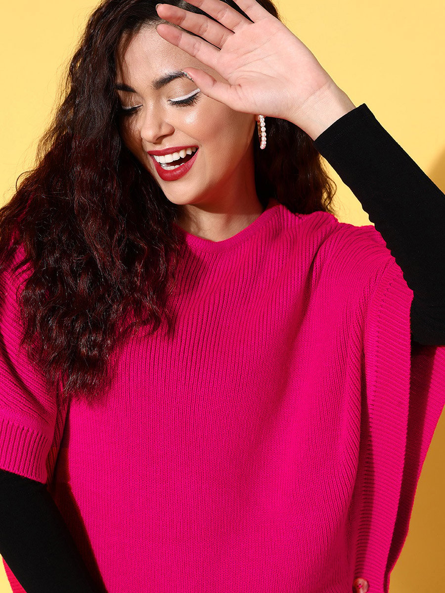 Knit Side Button Poncho Sweater