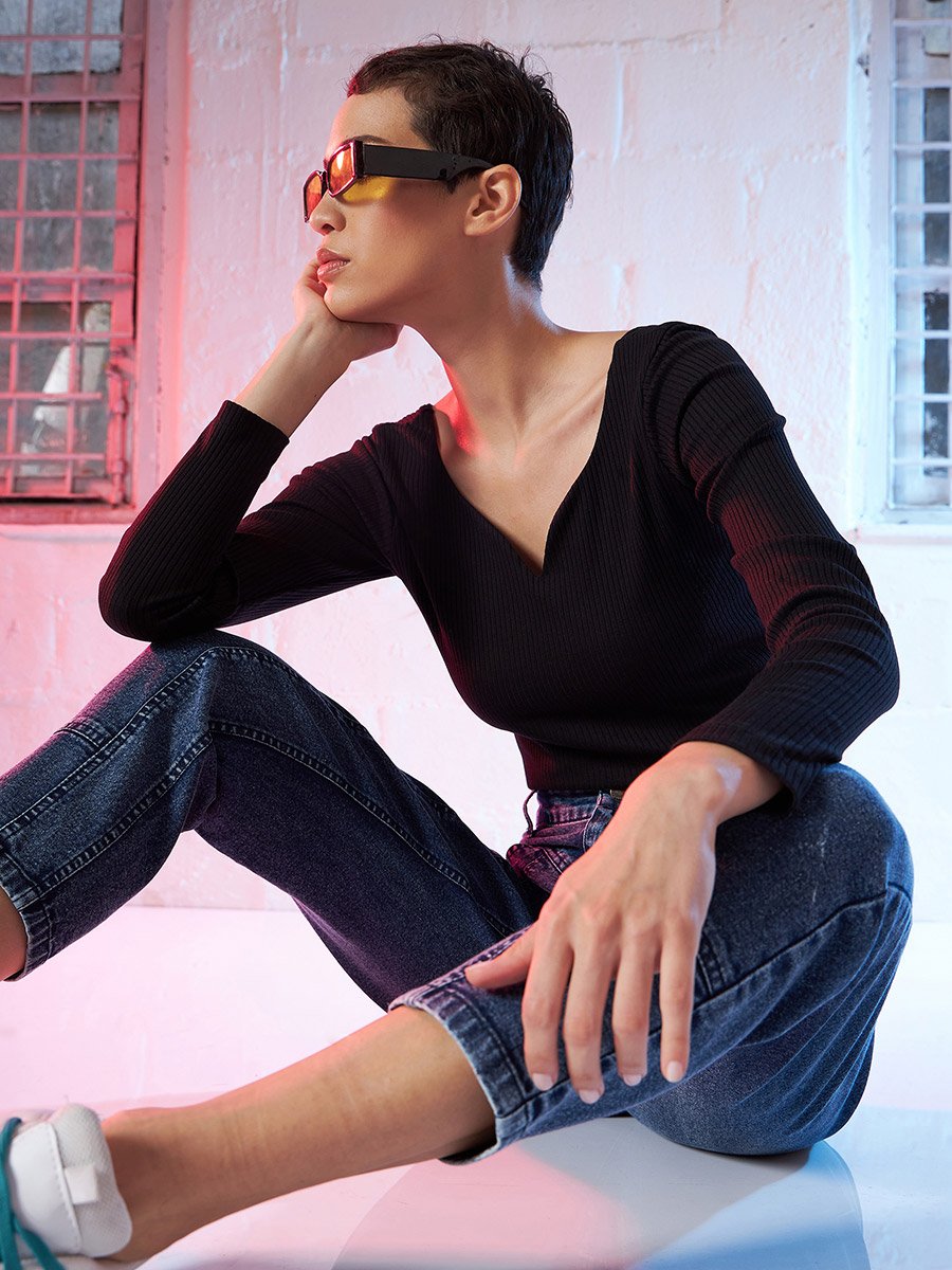 Sweetheart Neck Rib Knit Top