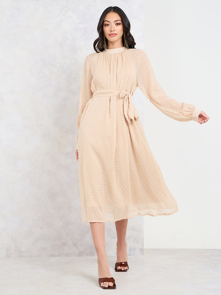 Dobby High Neck Self Tie Up A-line Midi Dress